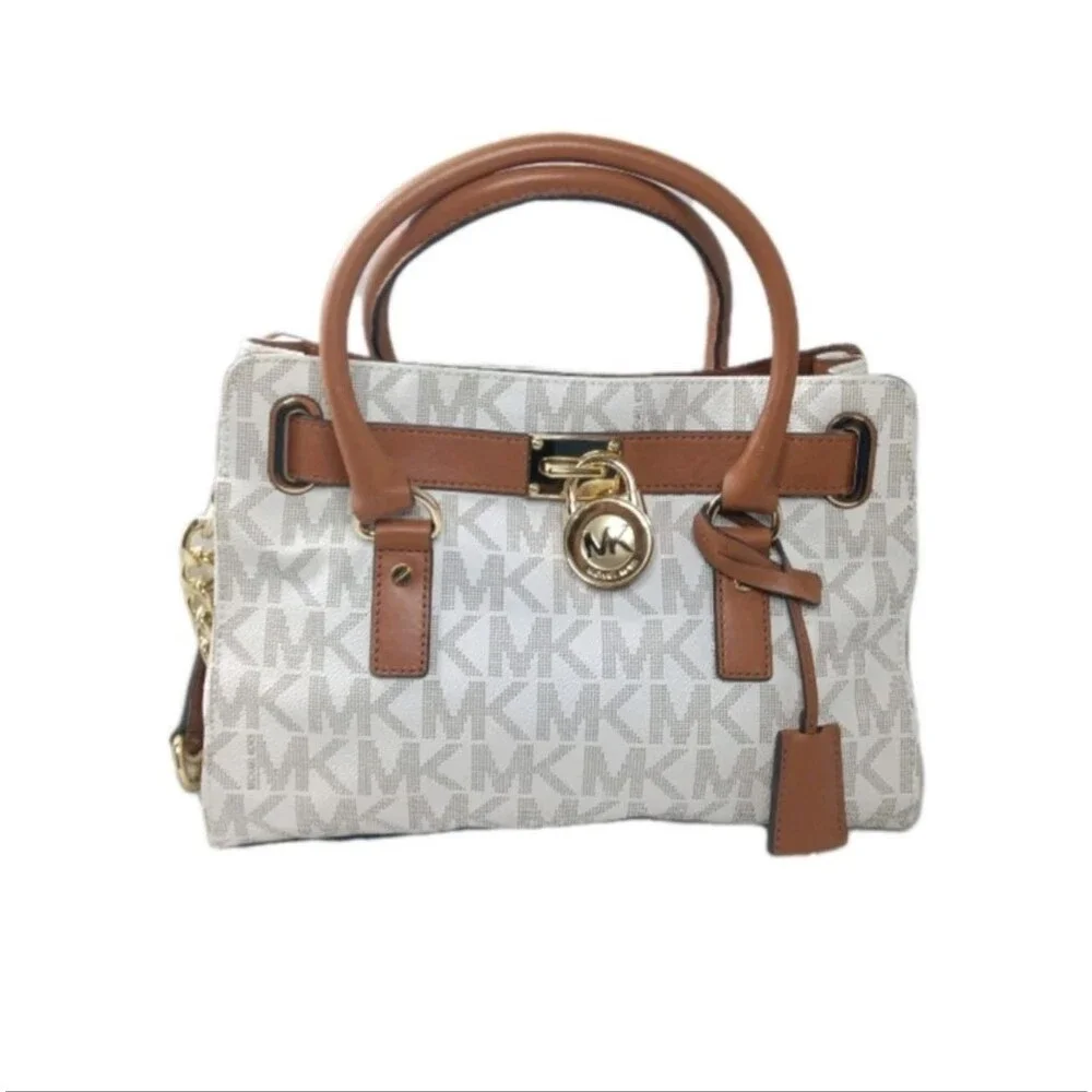 Michael Kors Hamilton Medium Logo Satchel Handbag Signature Vanilla Canvas